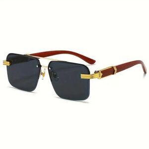 Black and Gold Rimless Sunglasses with Metal Accents